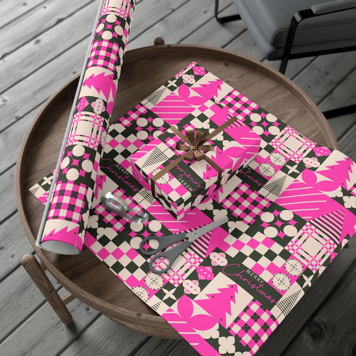 Wrapped gift with Christmas gift wrap paper in pink, black, and white plaid icons
