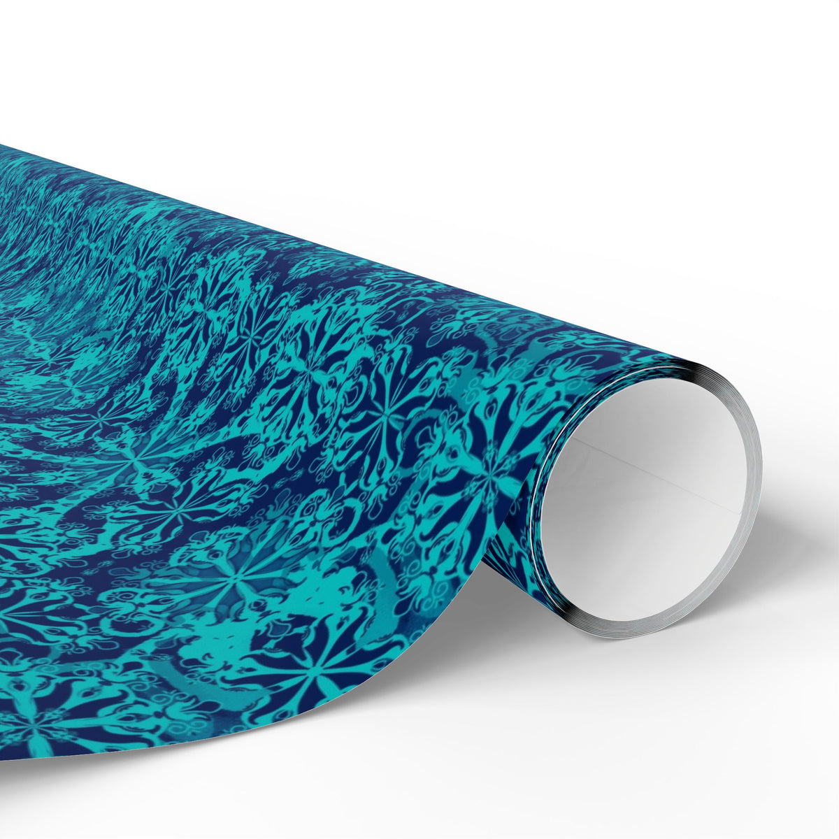 Teal wrapping paper roll close-up with repeating Moroccan geometric tile pattern