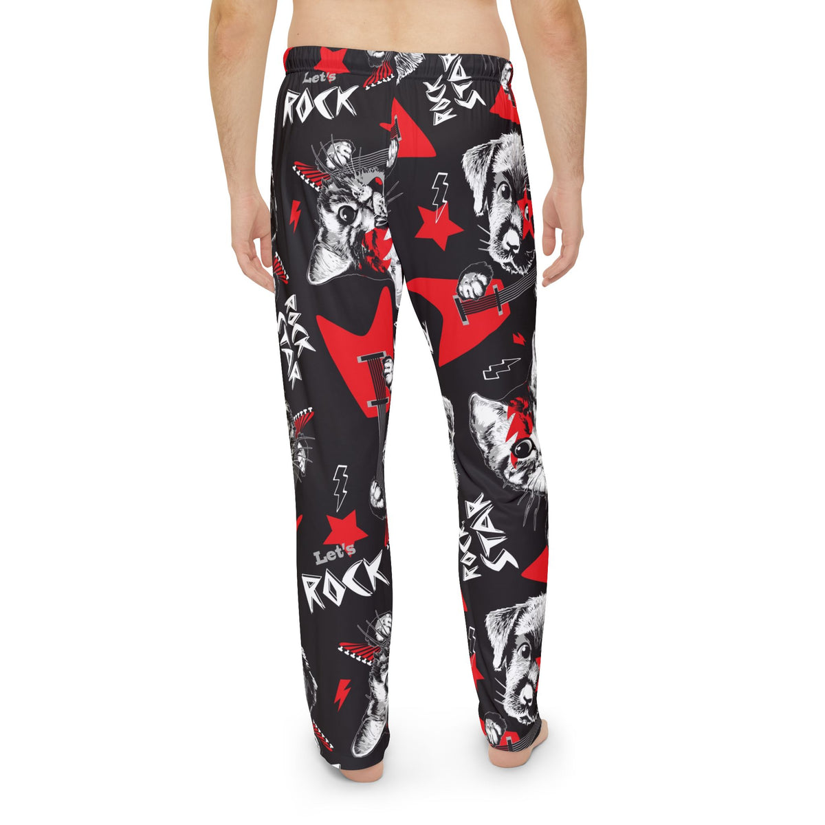 Men's Rockin Cats & Dogs Pajama Pants — Red & Black All-Over Print "Let's Rock" Lounge Pants