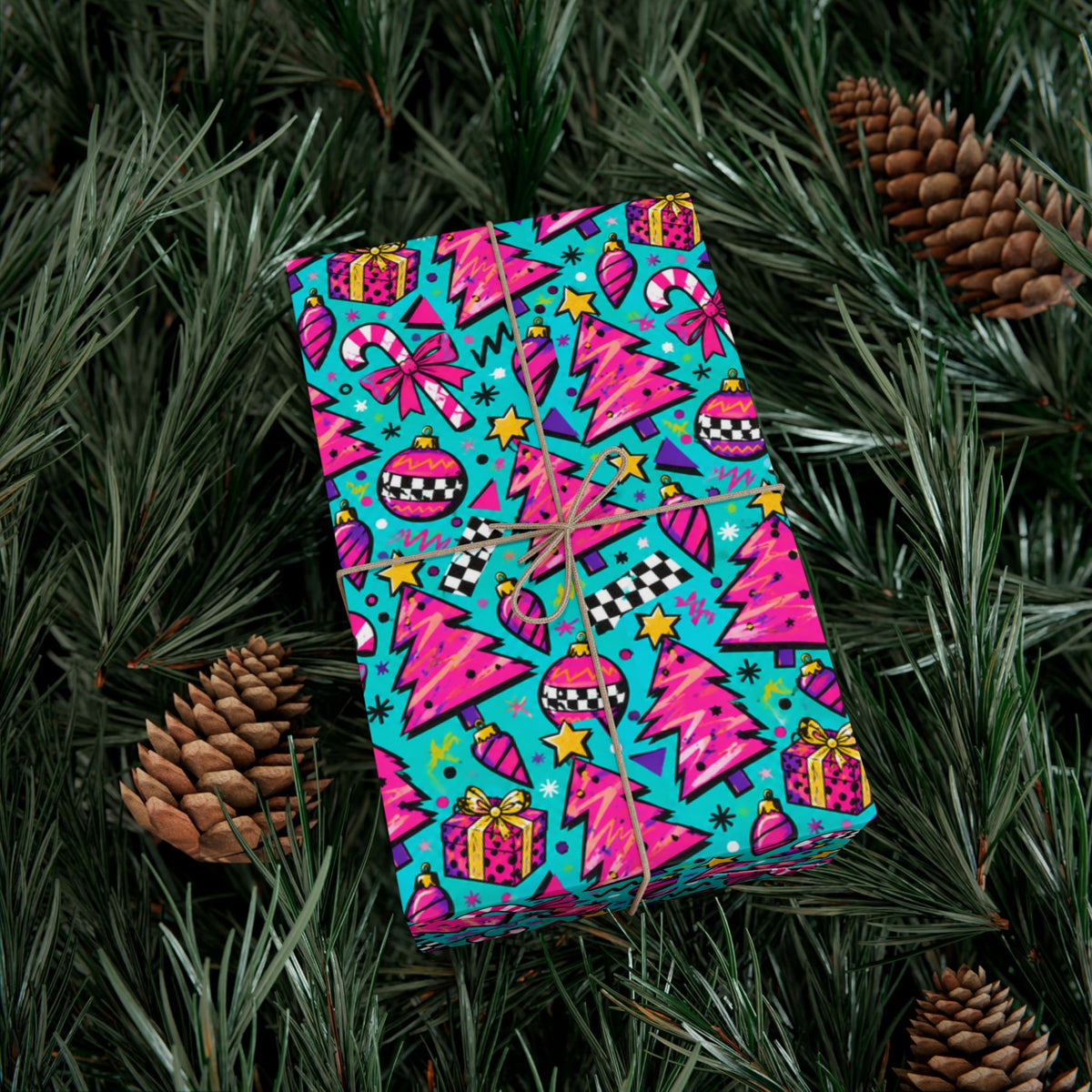 Christmas gift wrap paper, bright festive icons with gifts, stars, and candy canes