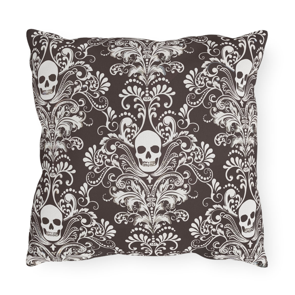 Brown Skull Damask Outdoor Pillows | Gothic Pattern Throw Pillow