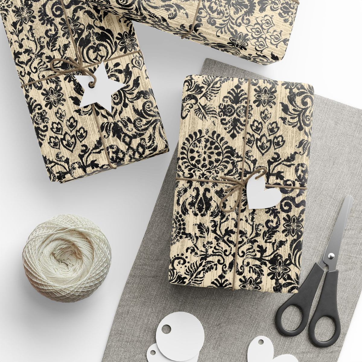 Damask Gift Wrapping Paper Roll — Vintage Black & Cream Floral Pattern
