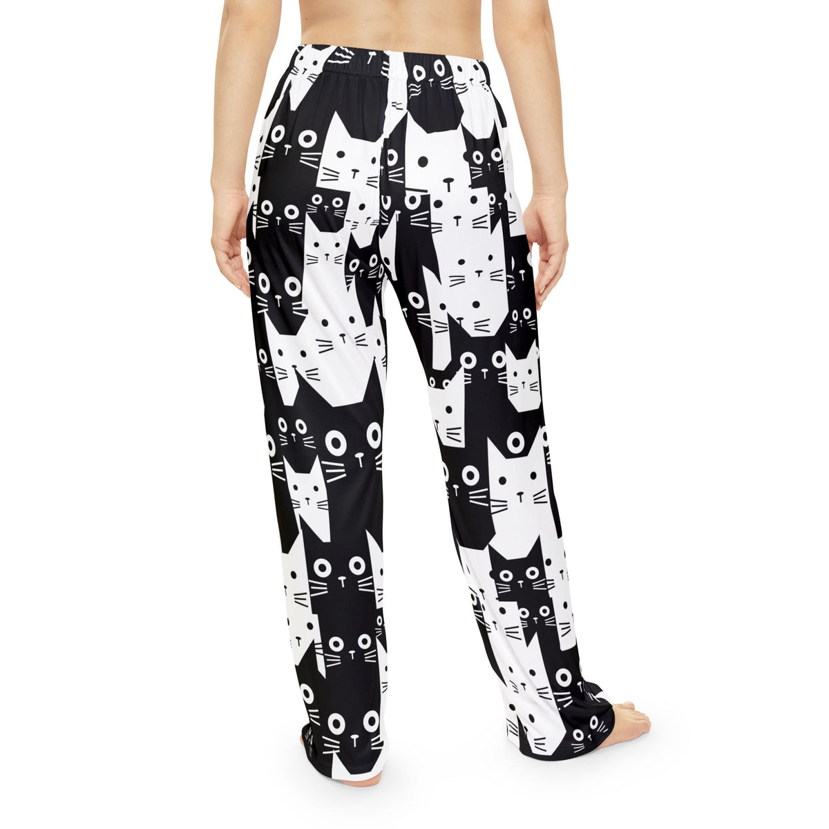 Fun Black and White Cat Print Women's Pajama Pants, Cute Sleepwear