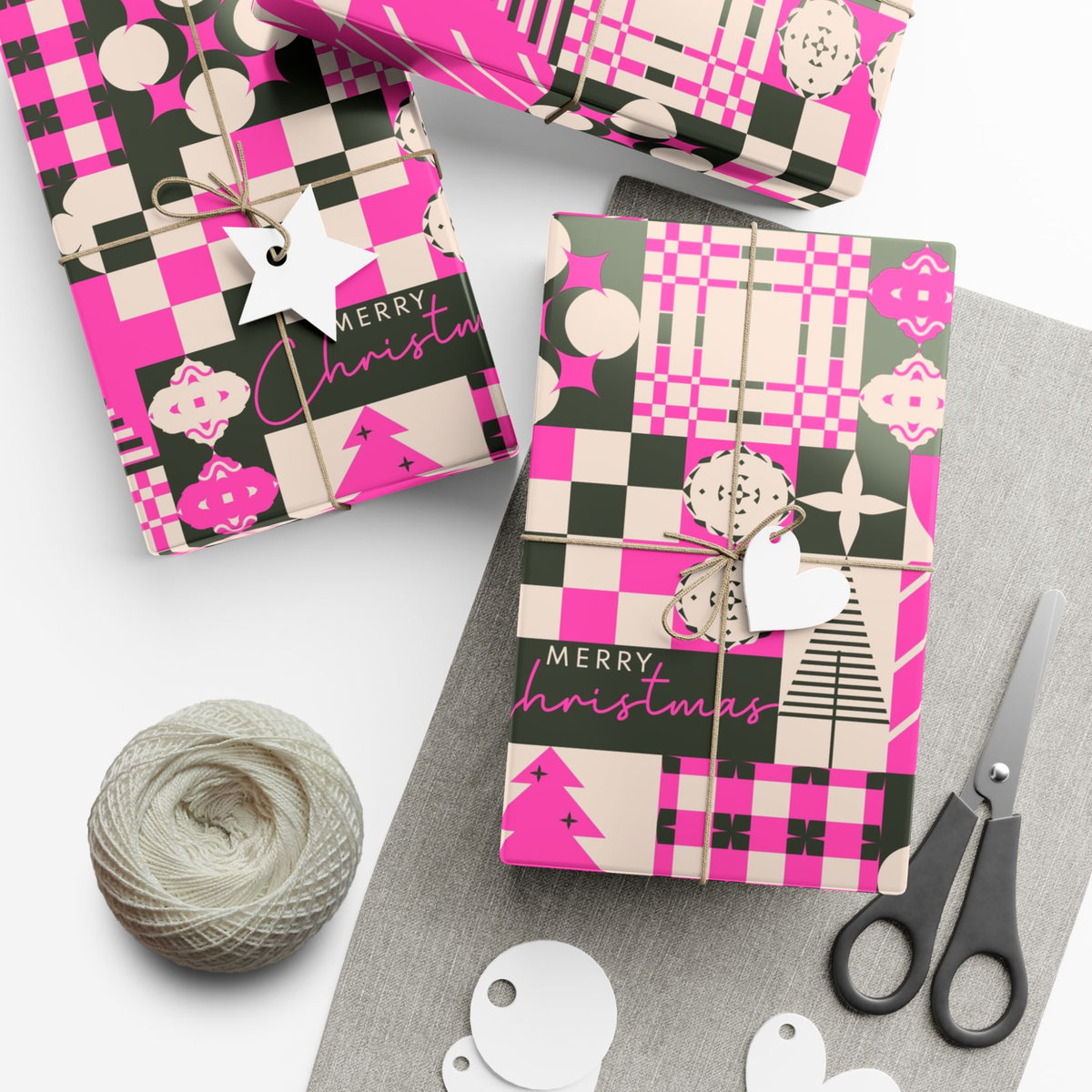 Christmas gift wrap sheets and tags: pink plaid patchwork with trees, snowballs, and Merry Christmas