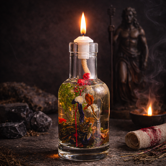 Oil candle in clear glass bottle with lit wick and dried flowers inside