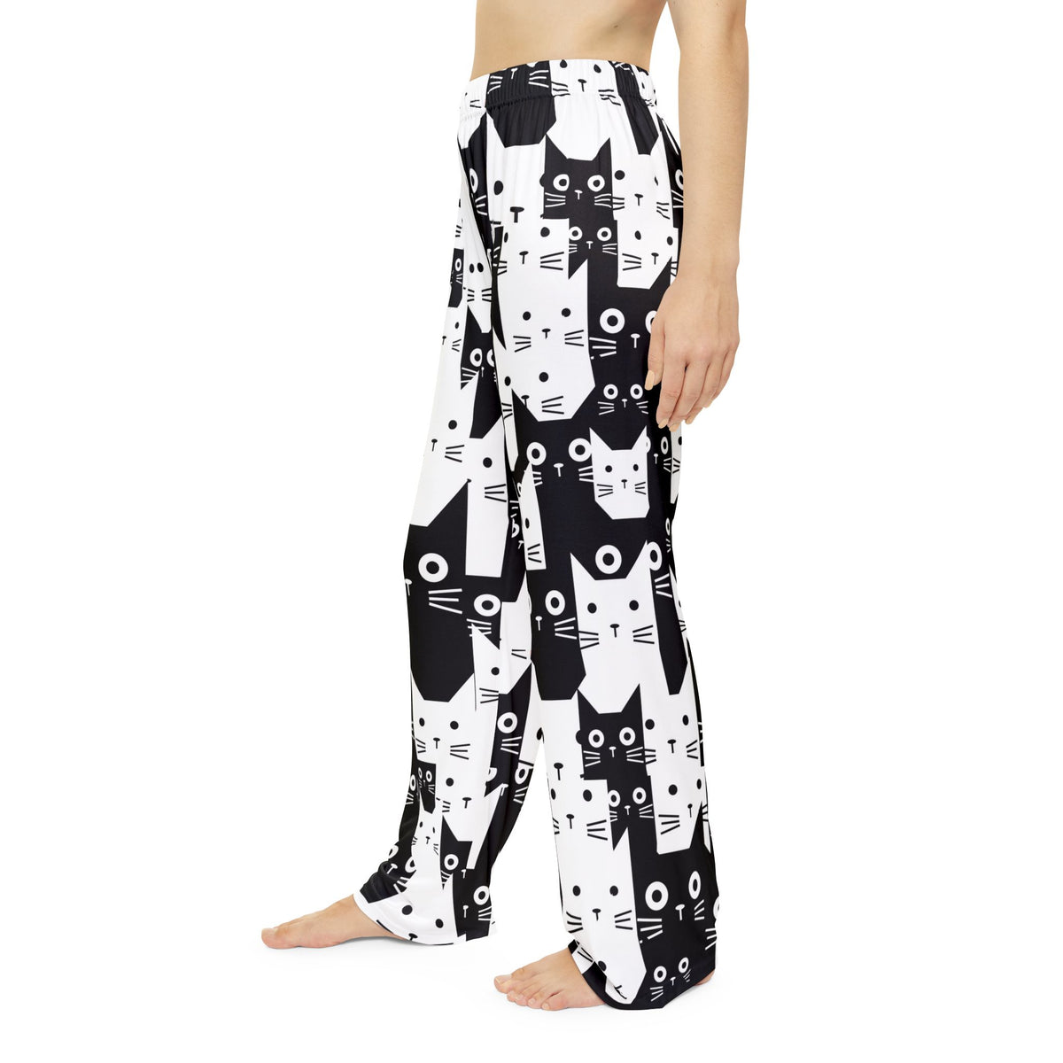Fun Black and White Cat Print Women's Pajama Pants, Cute Sleepwear
