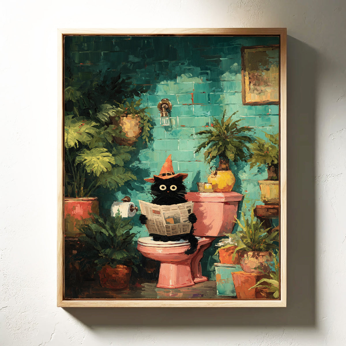 Square framed cat artwork showing a black cat reading a newspaper in flower pots