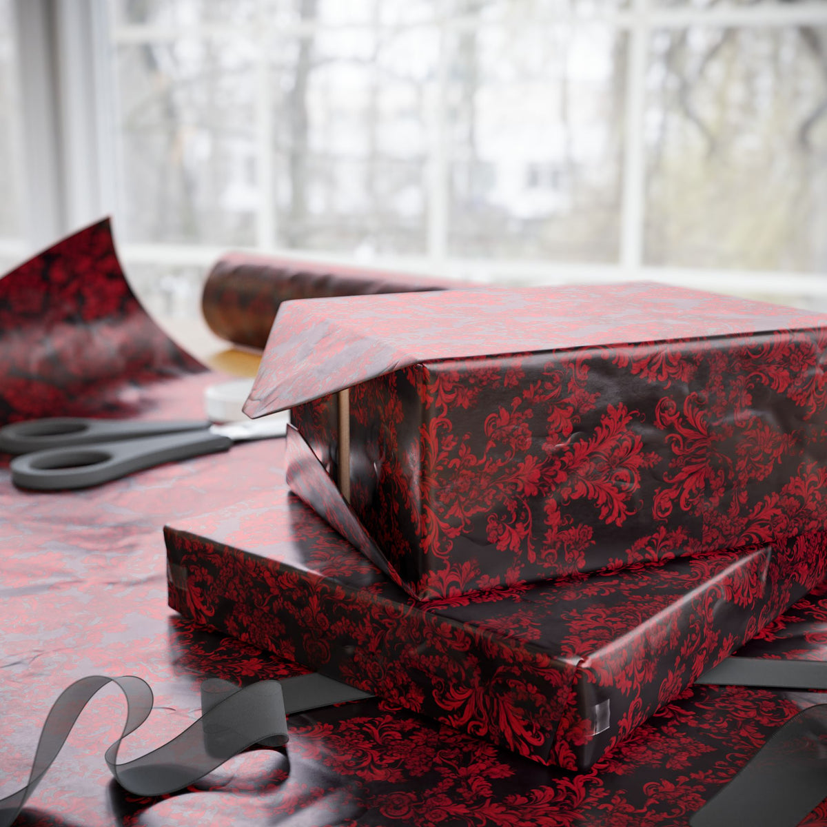 Red Damask Wrapping Paper Roll — Elegant Burgundy Floral Gift Wrap for Weddings & Holidays
