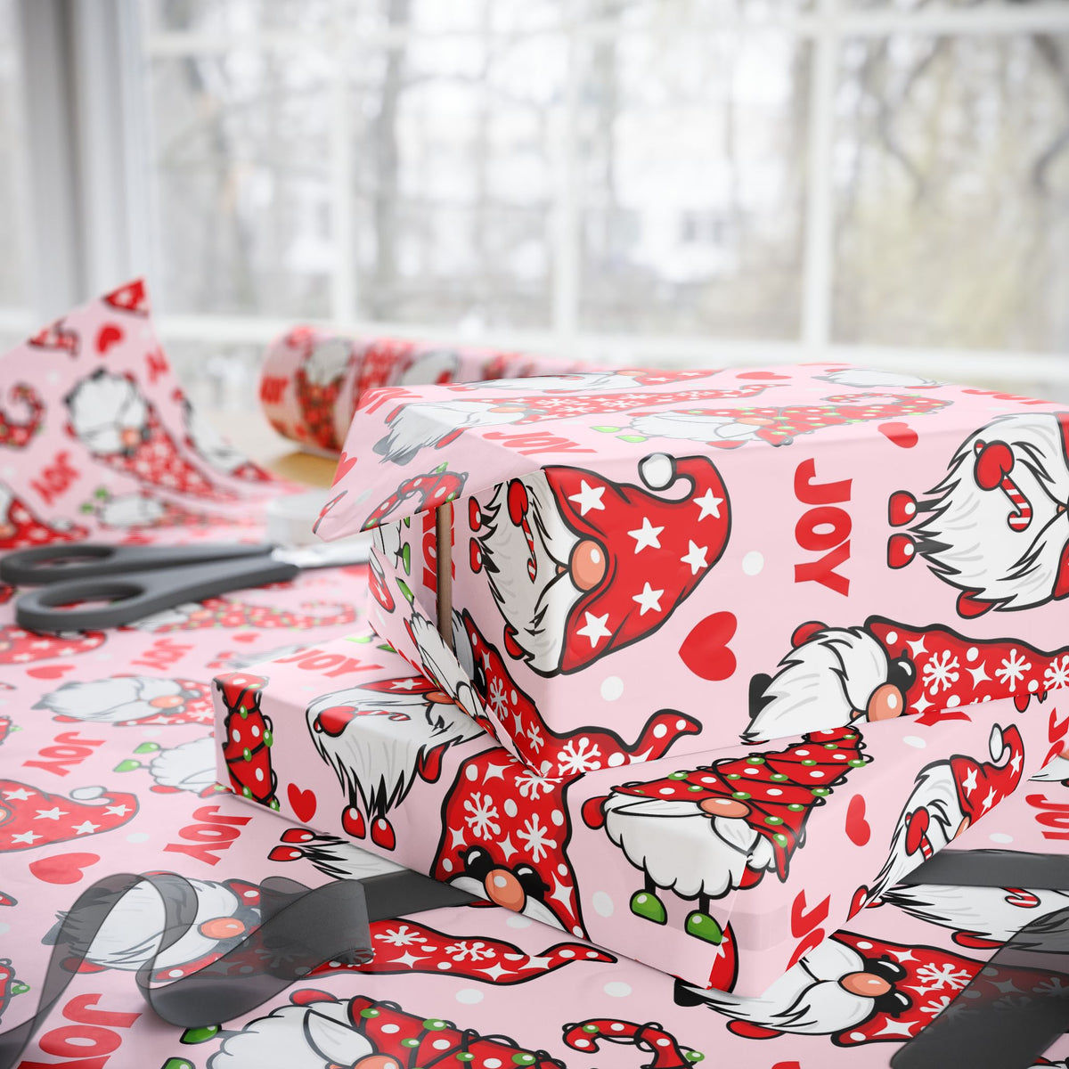 Christmas Gnome Pattern Wrapping Paper | Roll, Heart Motif