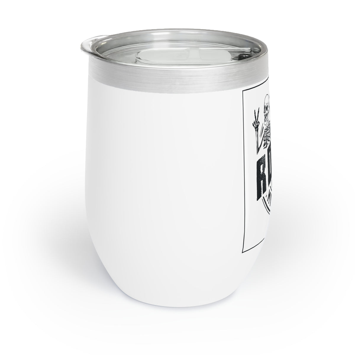 White insulated wine tumbler side view with clear lid and partial skull graphic.