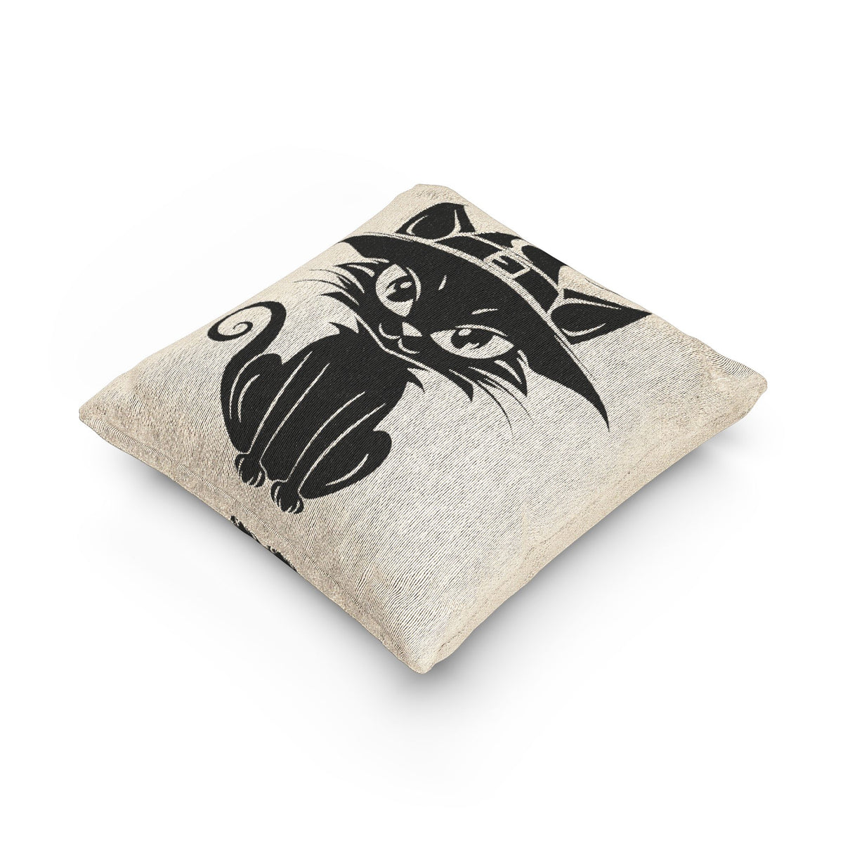 Square woven cat pillow with black witch-hat artwork on beige fabric