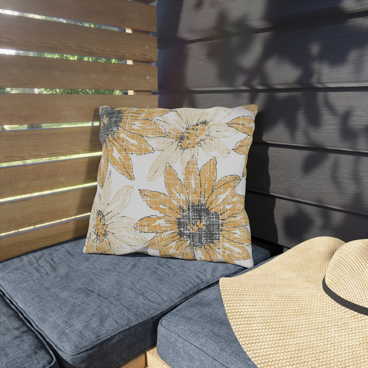 Sunflower Sketch Outdoor Pillow — Yellow Floral Patio Cushion