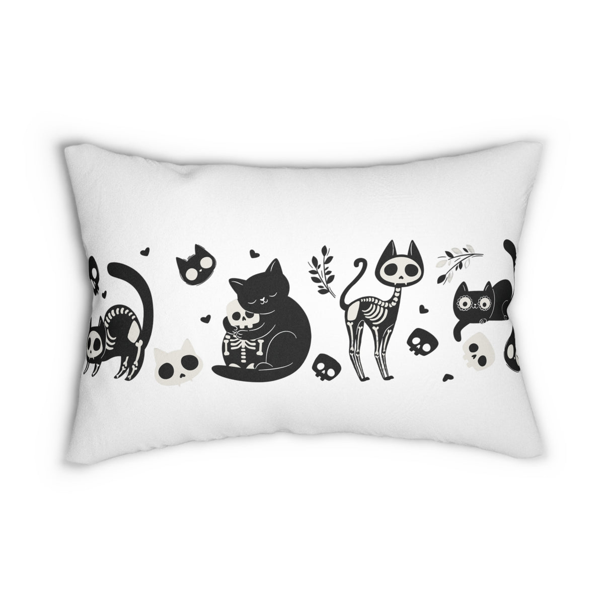 Black Skeleton Cat Pattern Lumbar Pillow | Halloween Cat Illustration