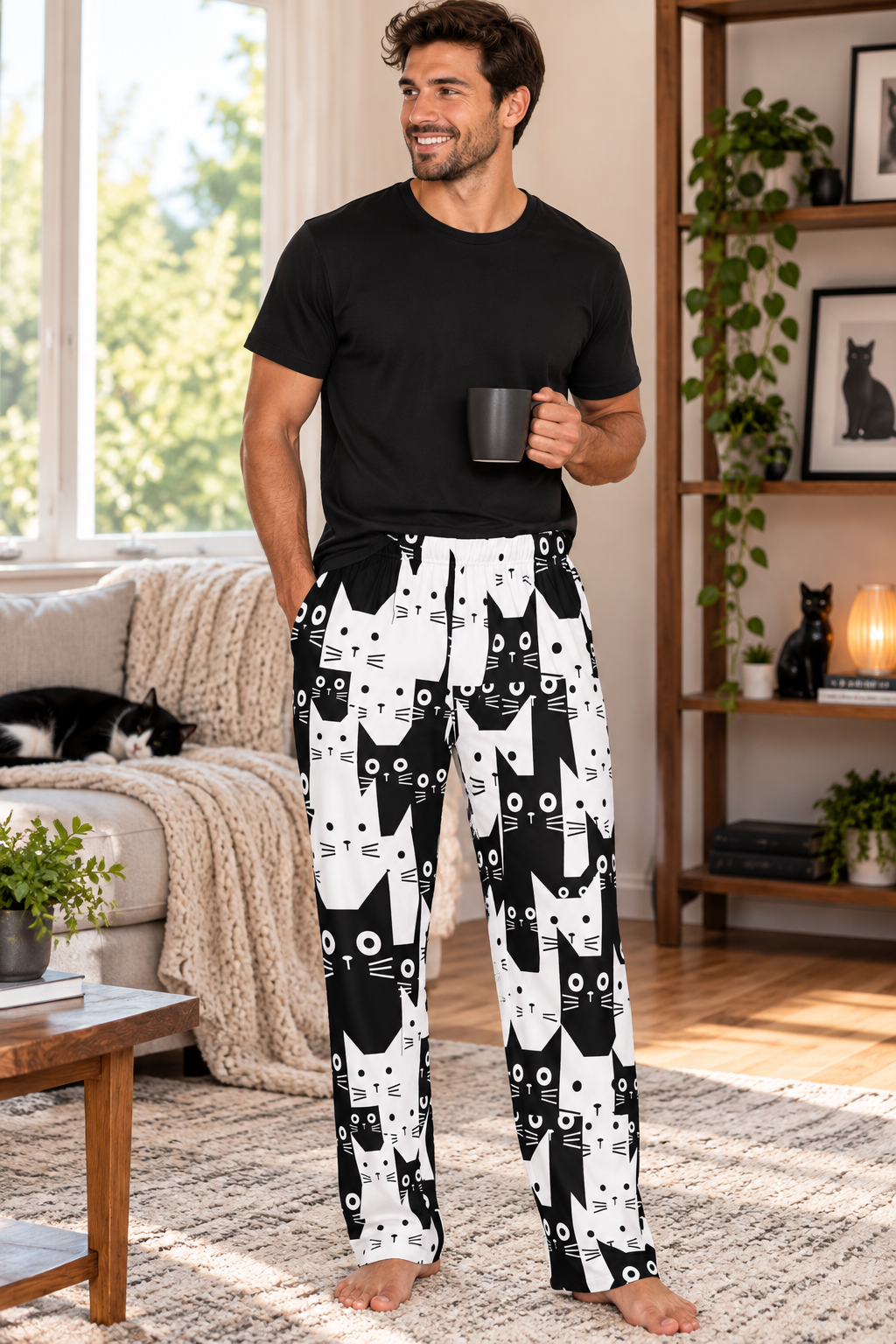 Men's black-and-white cat print pajama pants, full-length with drawstring waist