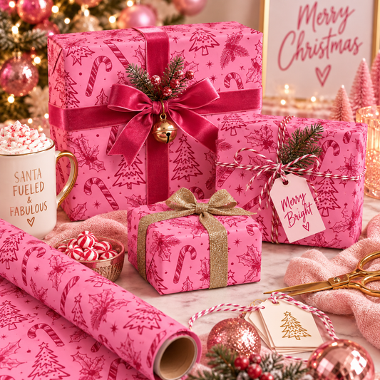Pink wrapping paper roll with candy cane and tree pattern, Christmas gift wrap.