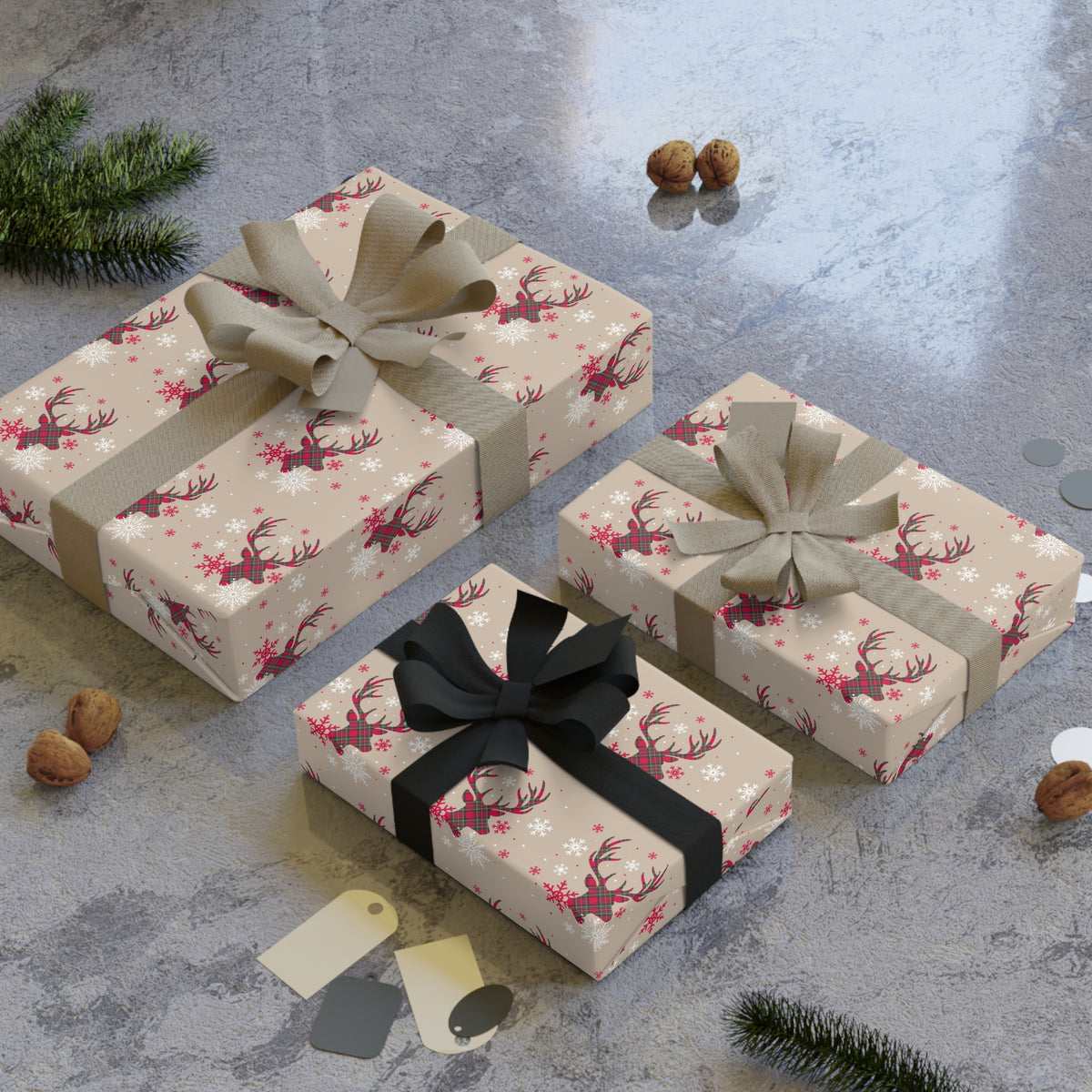Reindeer Pattern Gift Wrapping Paper Roll — Vintage Beige Christmas Wrap