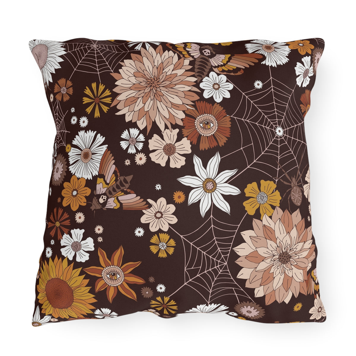Outdoor Pillow — Brown Floral & Spiderweb Fall Decorative Cushion