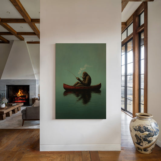 Framed canvas print featuring a brown-furred ape fishing from a red canoe