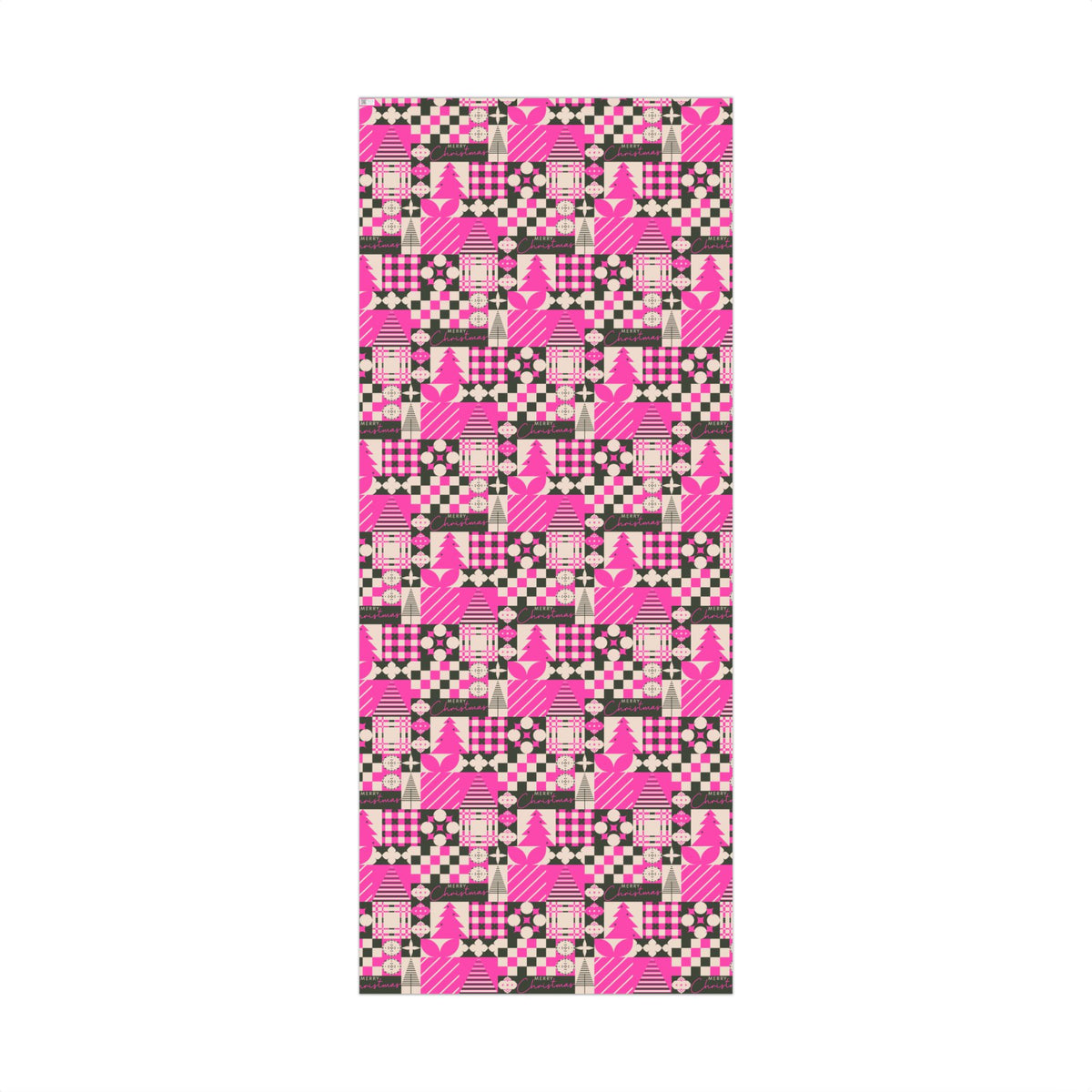 Christmas gift wrap paper sheet with pink trees, ornaments, and plaid blocks