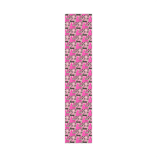 Christmas gift wrap paper roll with pink and black patchwork plaid pattern