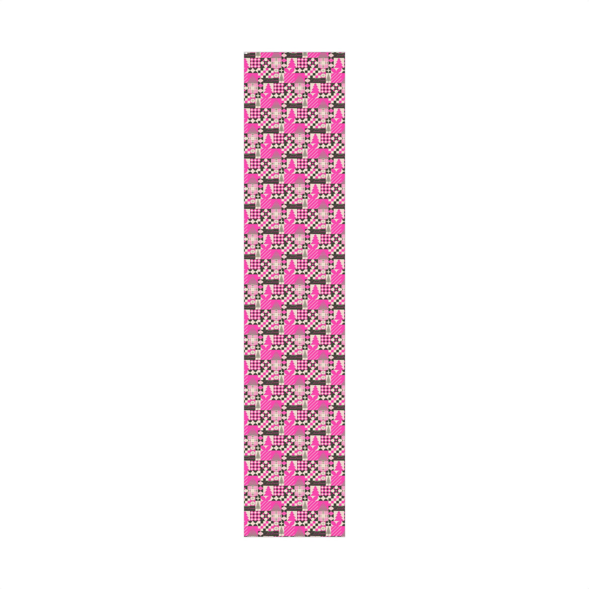 Pink and black Christmas gift wrap paper roll, repeating patchwork plaid design