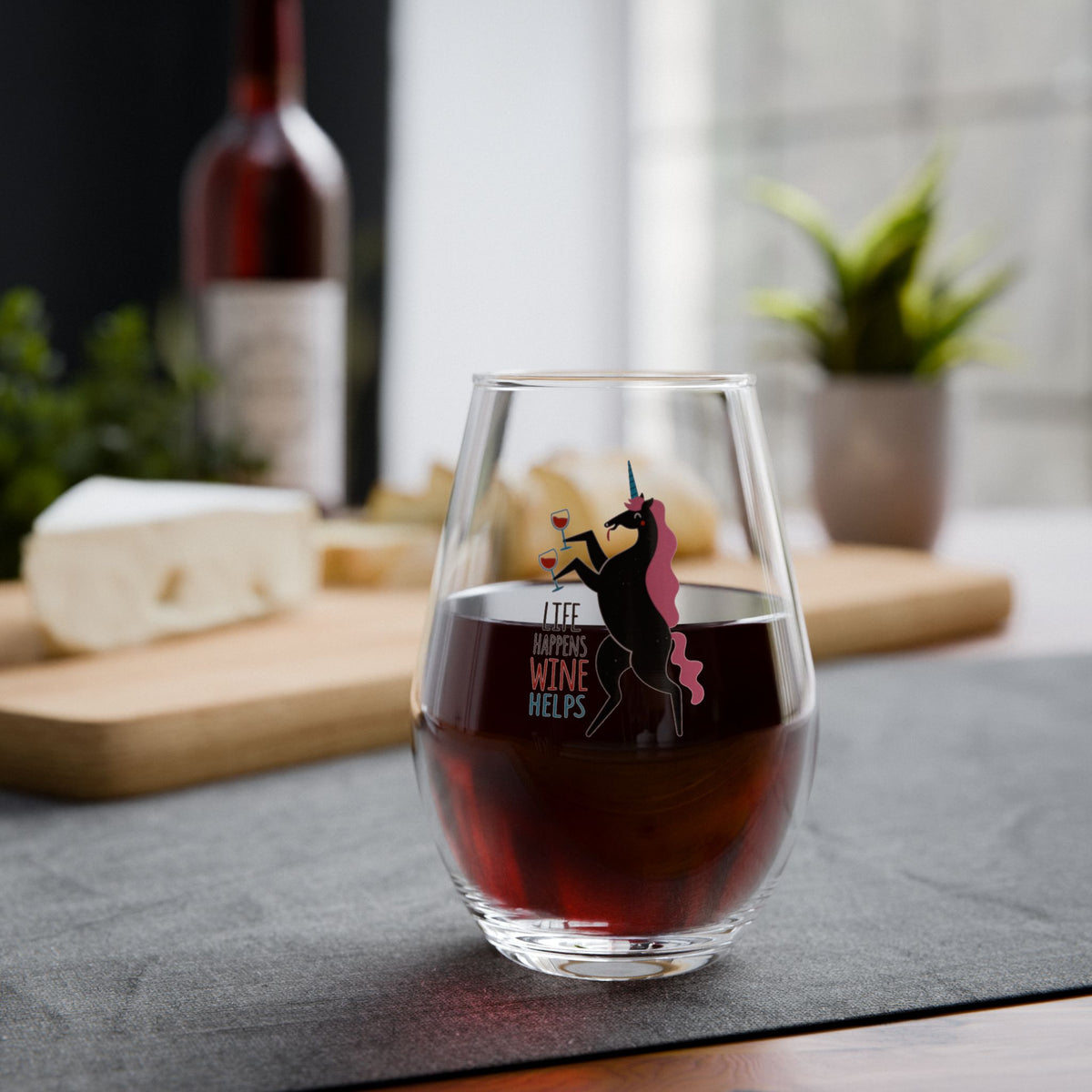 Unicorn Drinking Wine Stemless Wine Glass | Life Happens Wine Helps
