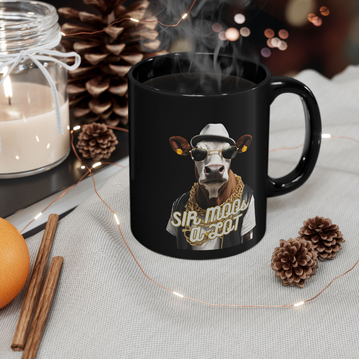 Sir Moos-a-Lot Cow Mug — Funny Hipster Cow Coffee Cup (Black, 11oz/15oz)