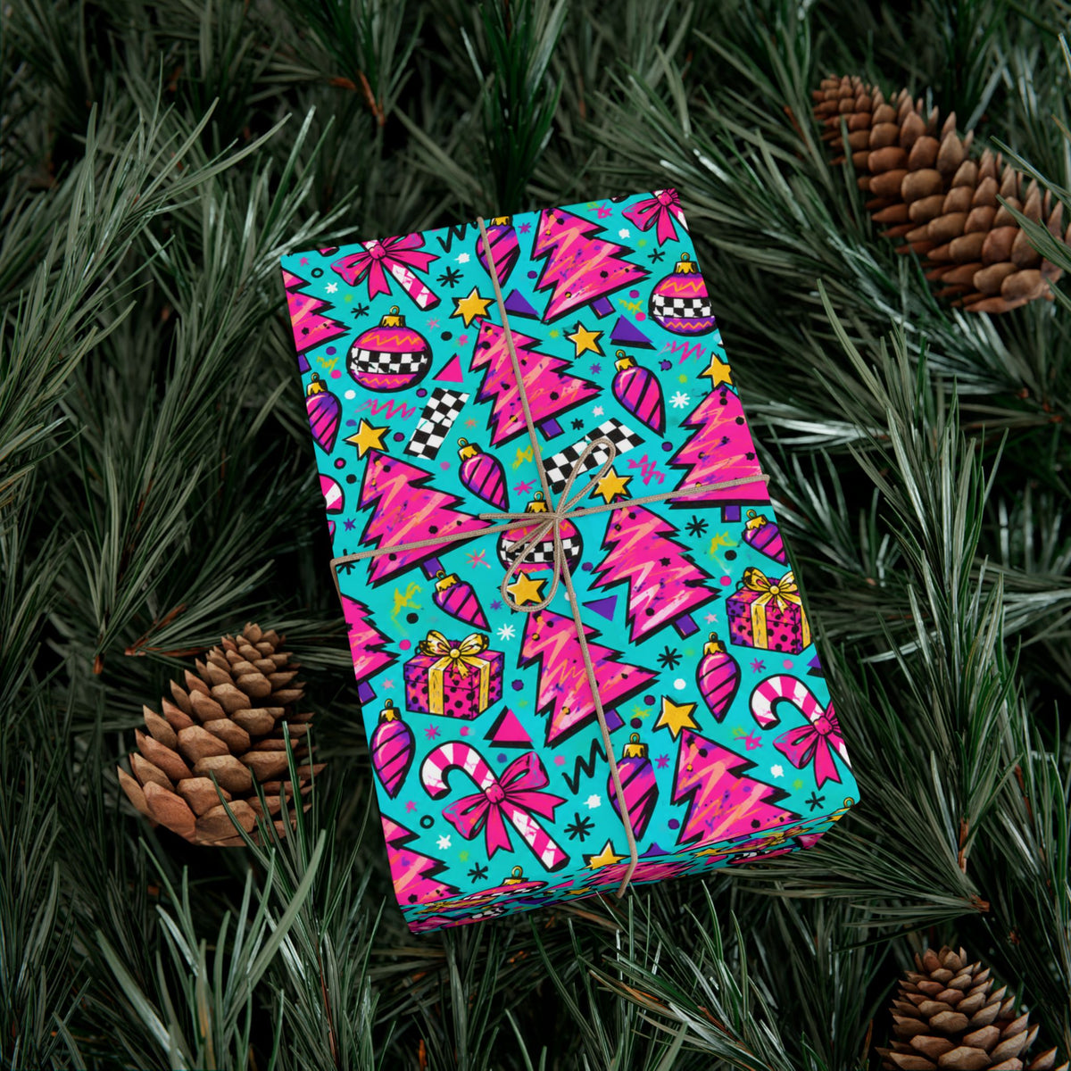 Christmas gift wrap paper, colorful festive wrap with presents, bows, and candy cane motifs