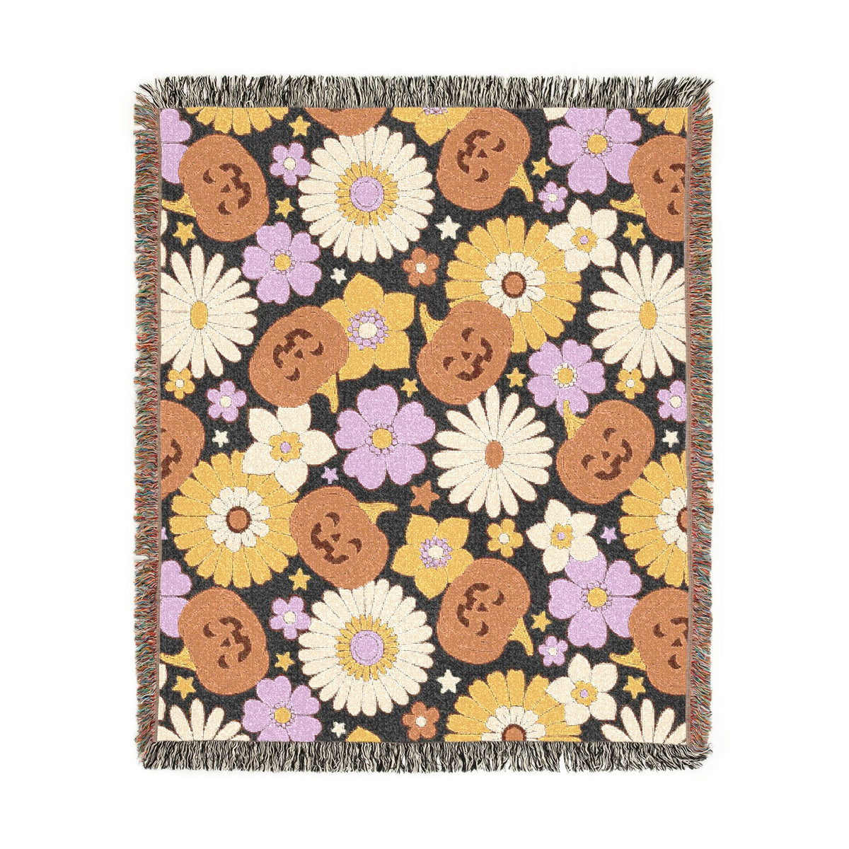 Retro Floral Pumpkin Pattern Woven Blanket | Autumn Daisy Throw