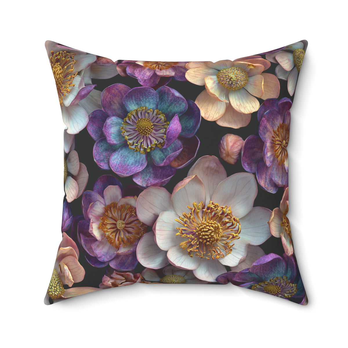 Square floral cushion, angled front, purple and cream flowers with gold-tone speckling