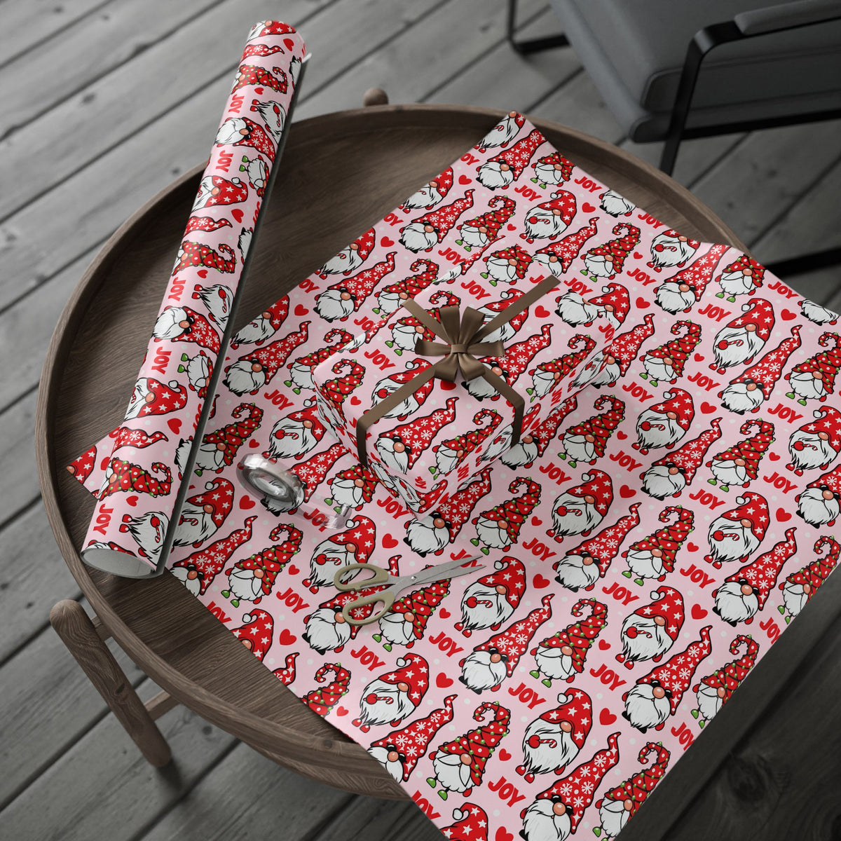 Christmas Gnome Pattern Wrapping Paper | Roll, Heart Motif
