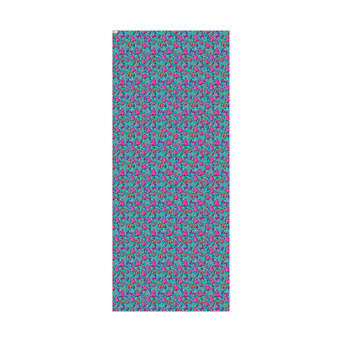 Rectangular sample sheet of colorful Christmas gift wrap paper with dense holiday icon print