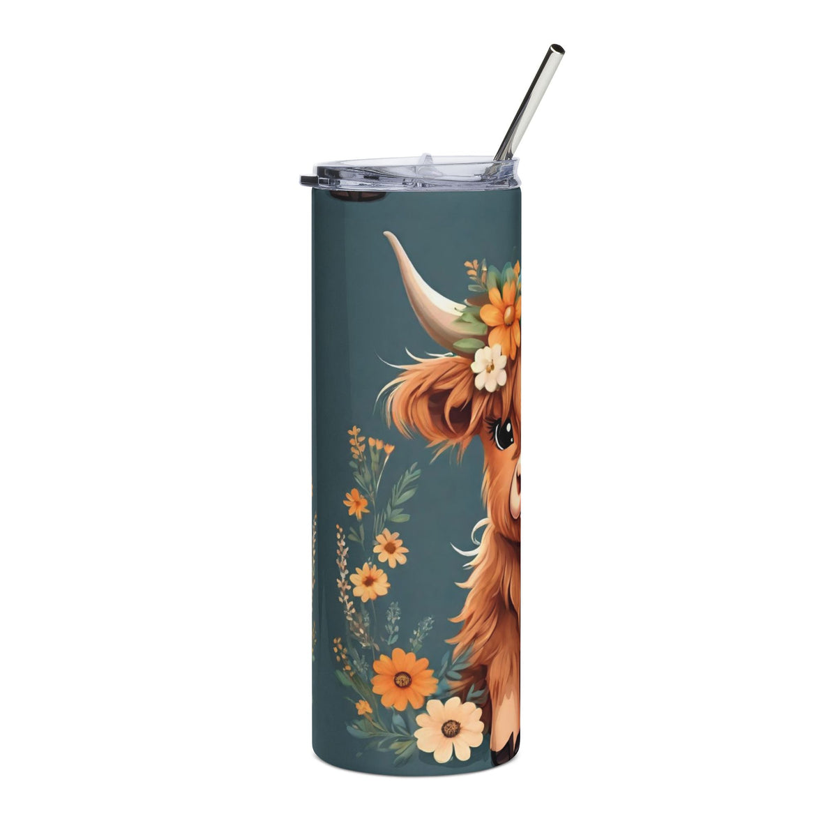 20oz Highland Cow Floral Tumbler — Stainless Steel Travel Cup