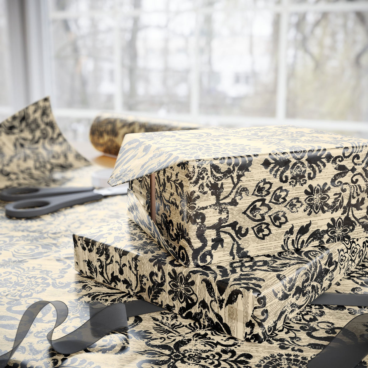 Damask Gift Wrapping Paper Roll — Vintage Black & Cream Floral Pattern