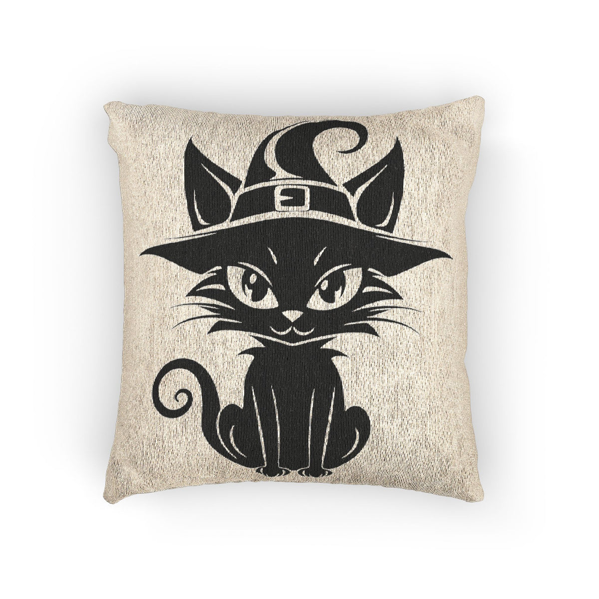 Beige woven cat pillow with black witch hat and cat face illustration