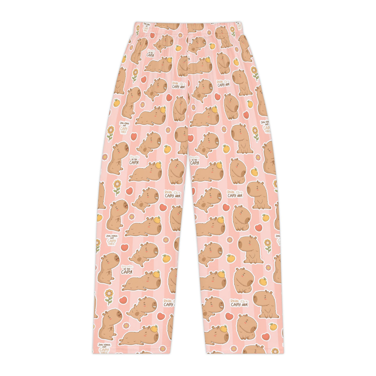 Women's lounge pajama pants in pink with scattered capybara faces