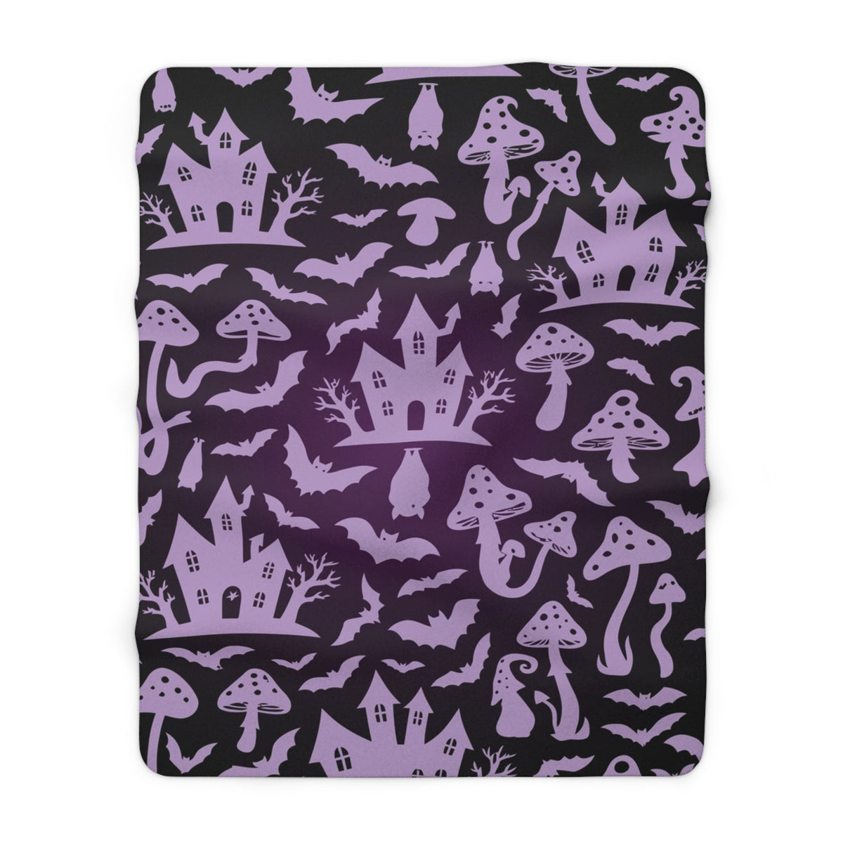 Haunted Castle and Mushrooms Sherpa Blanket | Purple Halloween Pattern