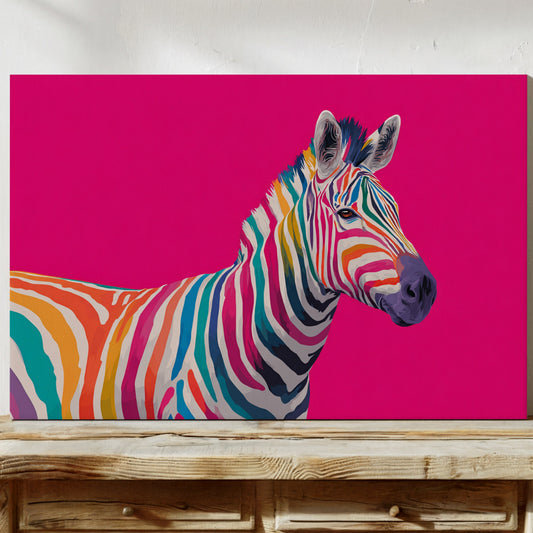 Framed zebra canvas wall art with colorful stripes on a bright pink background