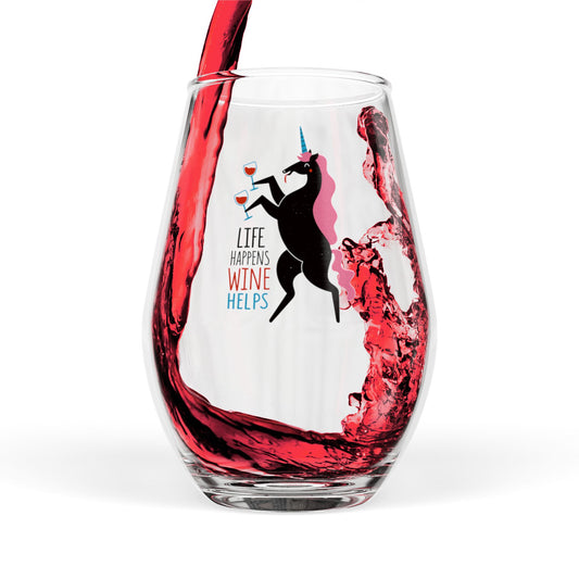 Unicorn Drinking Wine Stemless Wine Glass | Life Happens Wine Helps