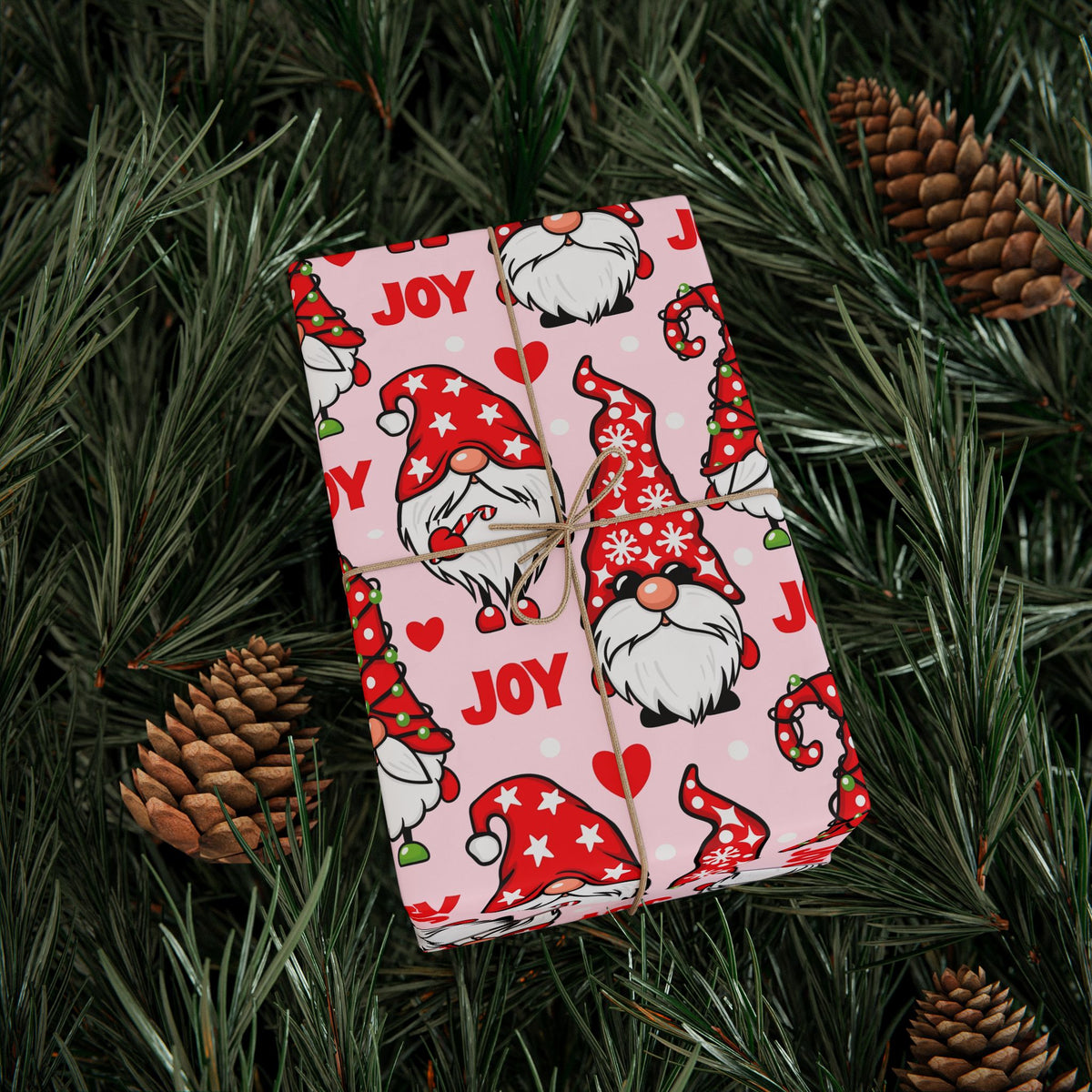 Christmas Gnome Pattern Wrapping Paper | Roll, Heart Motif