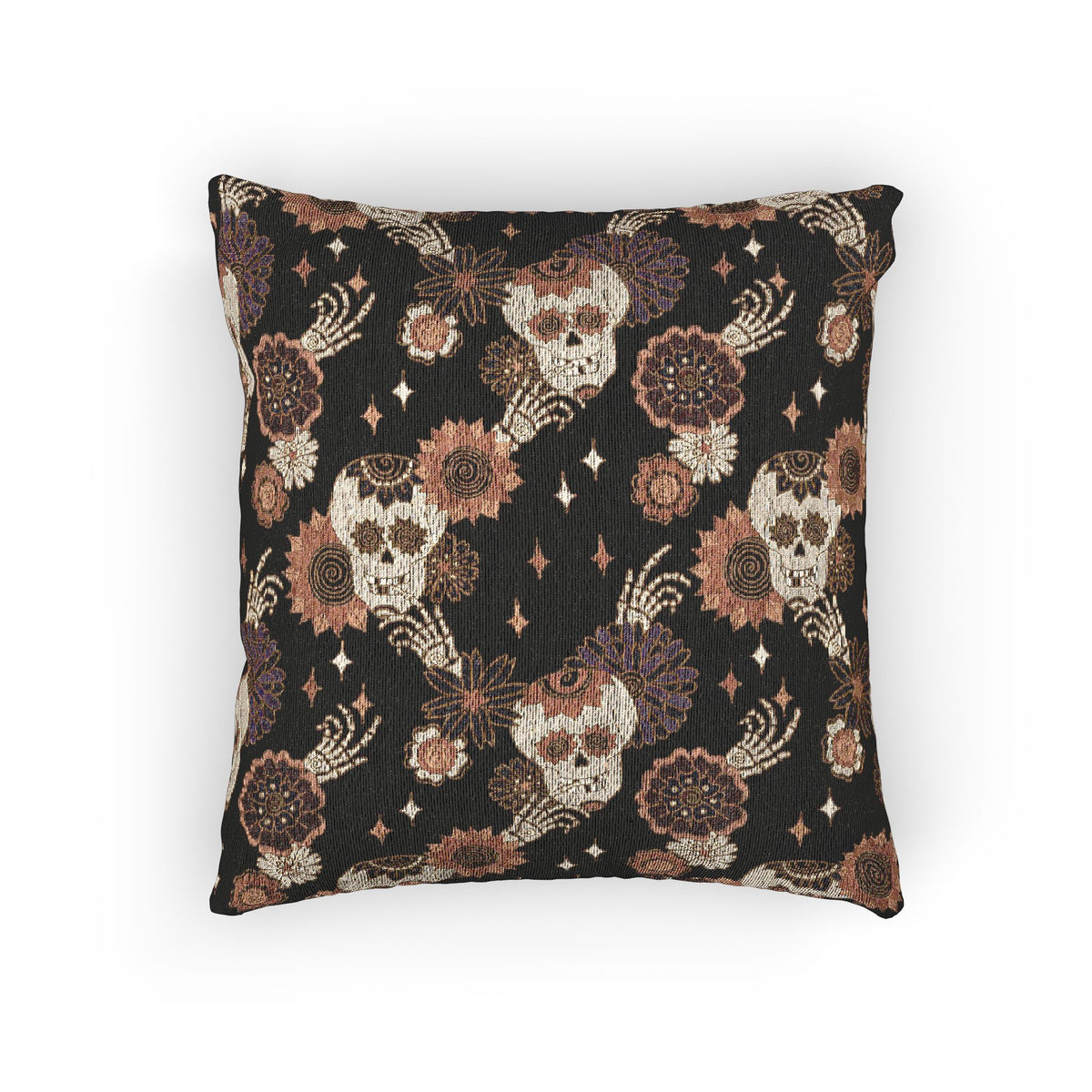 Skull and Roses Woven Pillow | Gothic Floral Pattern, Dark Boho Decor