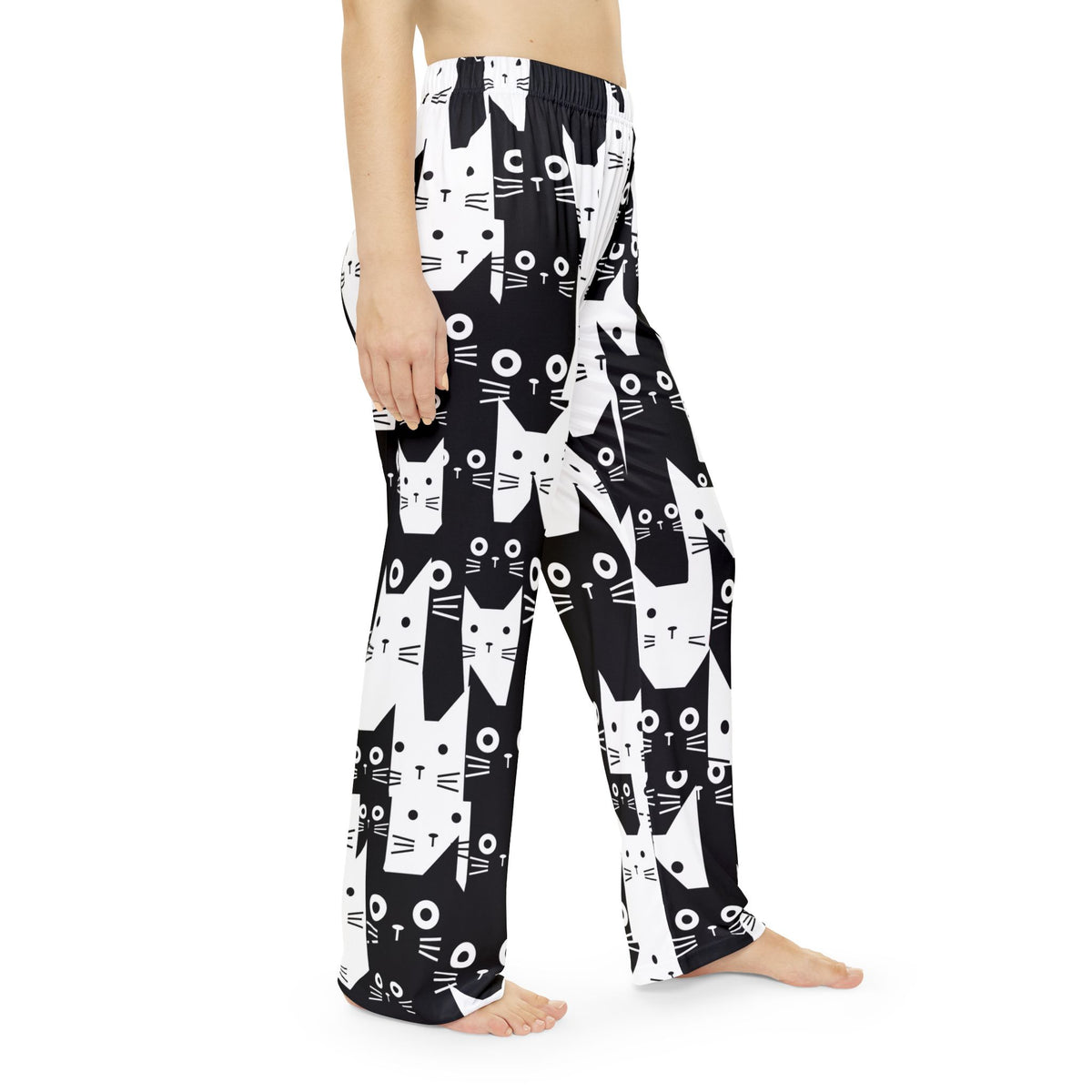 Fun Black and White Cat Print Women's Pajama Pants, Cute Sleepwear