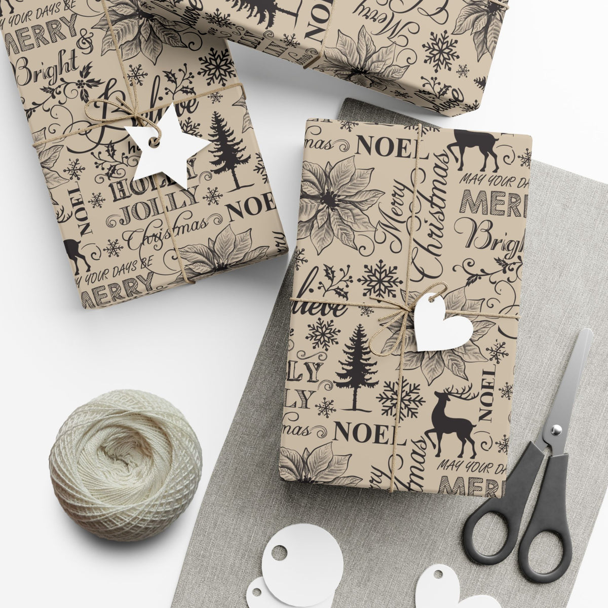 Vintage Christmas typography gift wrap paper sheets, beige with black Noel, deer, and tree icons