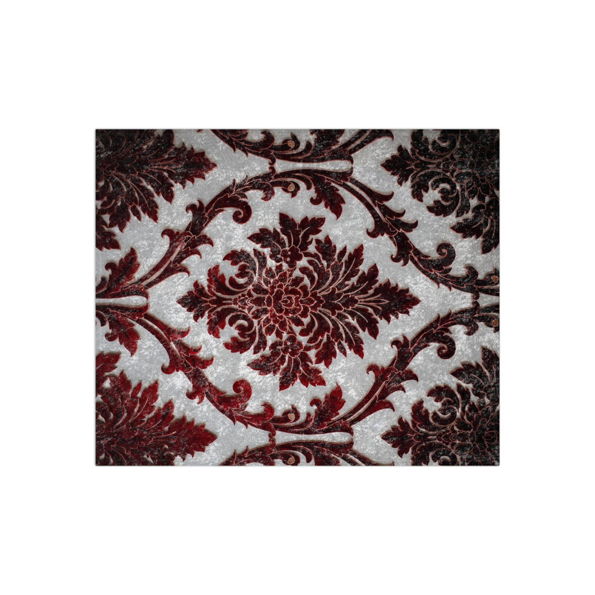 Ivory damask throw blanket swatch with dark red ornate floral medallion pattern