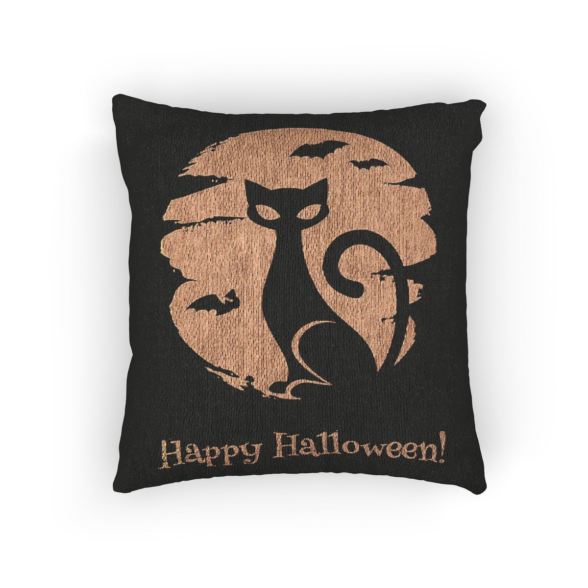 Black Cat Halloween Pillow | Happy Halloween woven decor, spooky moon design