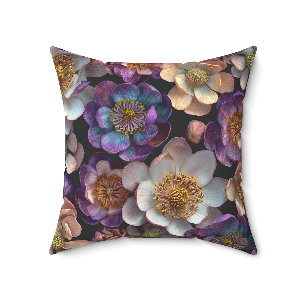 Square floral cushion with dark floral collage, purple and white flowers with gold centers