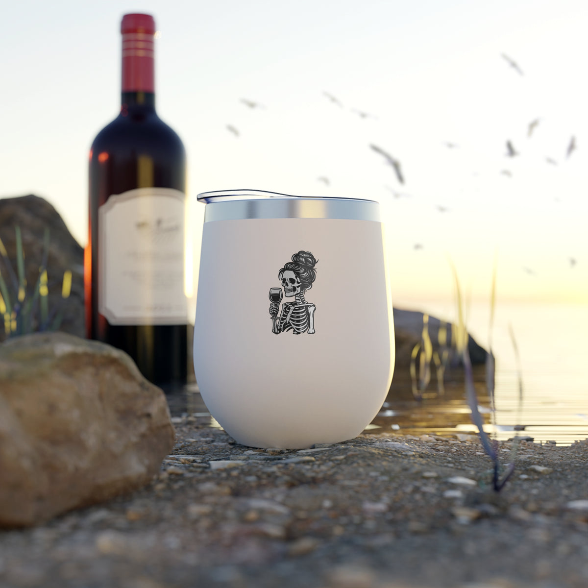 White 12oz tumbler with skeleton holding wine glass graphic