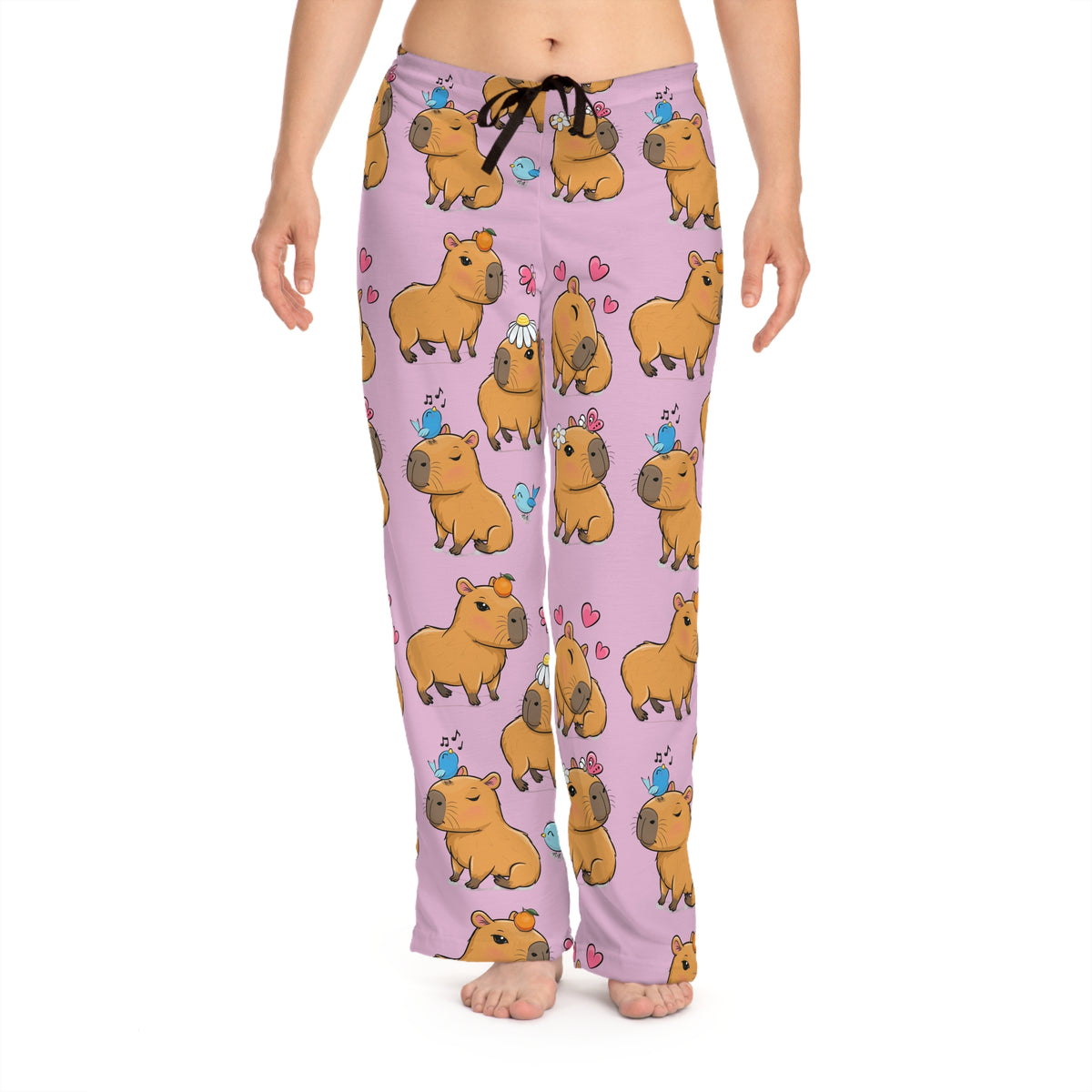 Cute Capybara Pajama Pants — Pink All-Over Print Women’s Lounge Pants