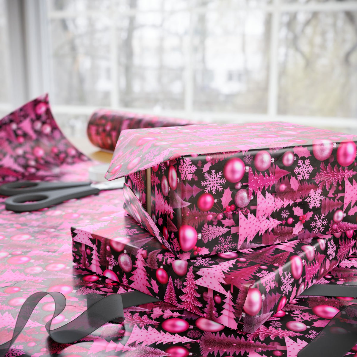 Pink Holidays Ornaments Wrapping Paper | Designer Christmas Pattern Roll