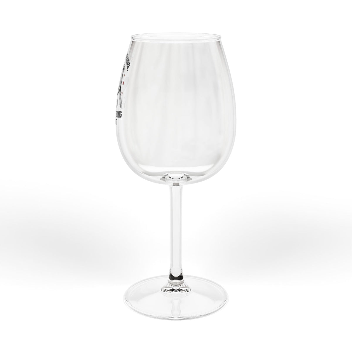 Clear wine glass with small partial edge of printed bulldog joke text